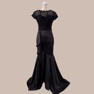 Long black satin & lace evening gown
